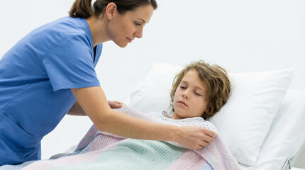 Obraz premium Compassionate nurse comforting young girl lying on hospital bed in soft pastel room, tender healthcare moment