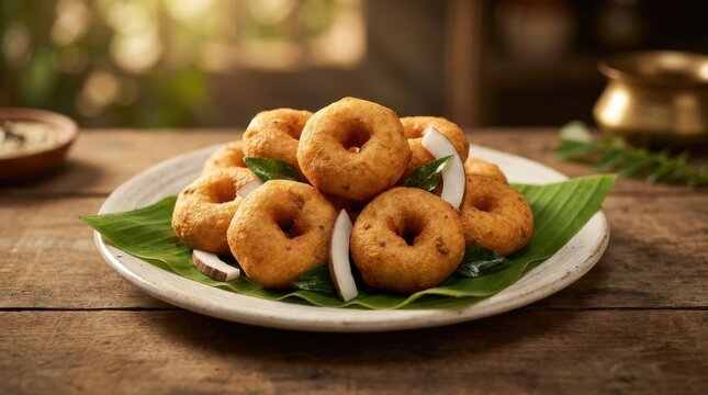 South indian vada with fresh coconut pieces on banana leaf