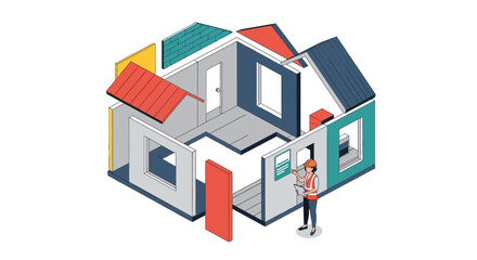 Isometric Modular House Construction with Female Architect Planning Home Design