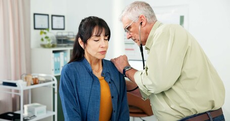 Fototapeta premium Consultation, stethoscope and doctor with woman in hospital for breathing, chest infection or pain. Checkup, discussion and mature healthcare worker with patient for medical examination in clinic.