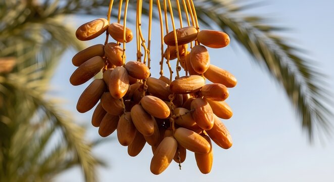 Fresh dates fruit hanging from a date palm tree under a clear sky