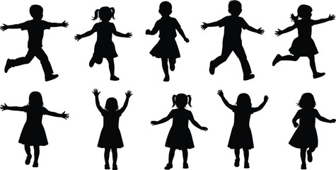 Obraz premium Silhouettes of ten playful children in dynamic poses running, jumping, and raising arms, symbolizing energy, joy, childhood fun, and active movement outdoors together