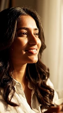 Serene Indian Woman Enjoys Morning Sunlight Holding Coffee Cup Outdoors Gentle Golden Hour Lighting Soft Focus Background