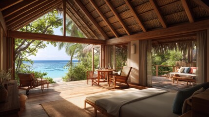 Fototapeta premium Serene Beachside Bungalow with Coastal View, Natural Light, and Modern Decor Surrounded by Lush Tropical Landscape