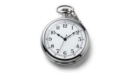 A classic silver pocket watch with a white face and black Roman numerals, resting on a white background.