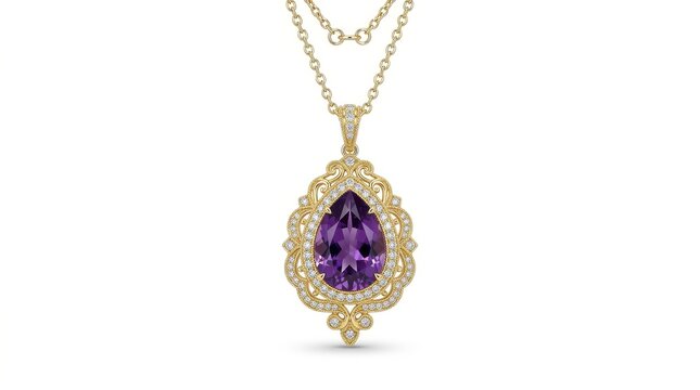 Exquisite 14k Yellow Gold Pear-Cut Amethyst and Diamond Pendant Necklace.
