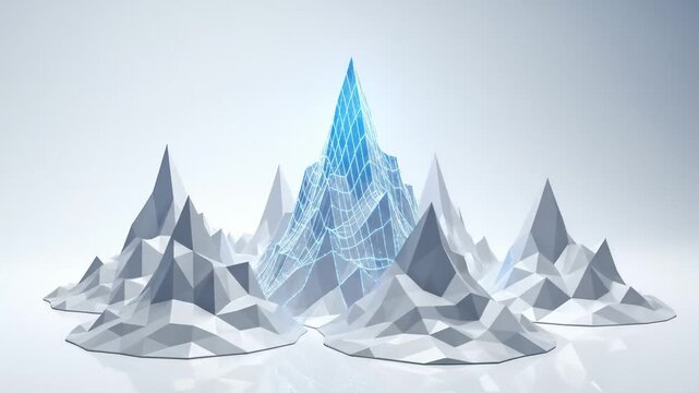Abstract Low Poly Mountain Landscape Transforming With Glowing Blue Grid Overlay
