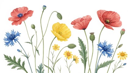 Naklejka premium Flat Color Watercolor Composition - Poppies Cornflowers Buttercups on White Background