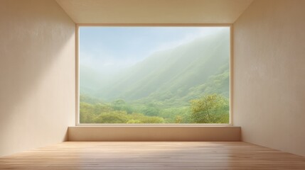 Fototapeta premium Serene Interior Space with Large Window Overlooking Misty Mountain Landscape and Lush Green Forest Scene