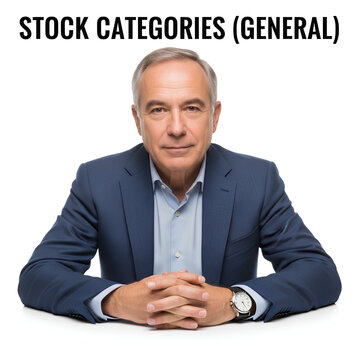 Mature Businessman Sitting at Desk with Folded Hands.