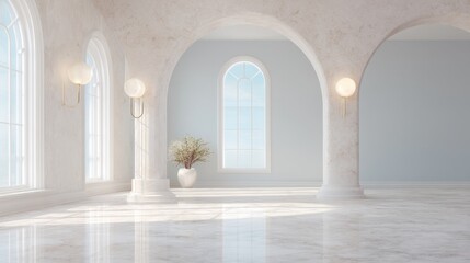 Naklejka premium Bright and Spacious Interior Design with Elegant Arches and Large Windows in Modern Minimalist Style