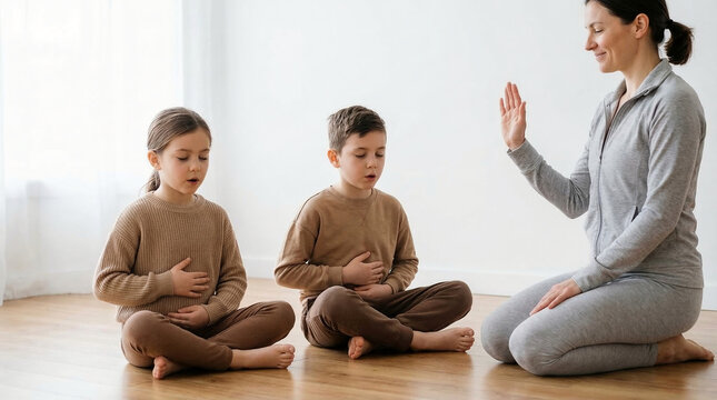 A woman teaches two children breathing exercises while sitting cross-legged on a wooden floor, promoting relaxation and mindfulness