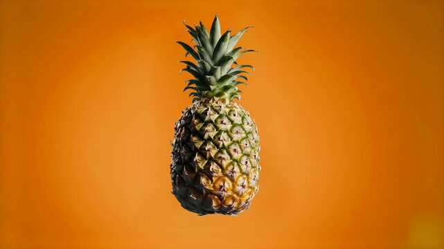 A single whole fresh pineapple with its signature spiky leaves is centered against a vibrant orange background. This clean, high-quality image is perfect for food, nutrition, summer, health, and trave