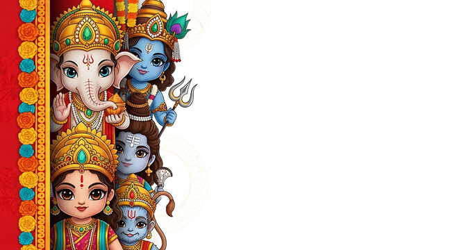 Vibrant illustration of cute Hindu deities like Ganesha, Shiva, and other gods on a traditional decorative border.