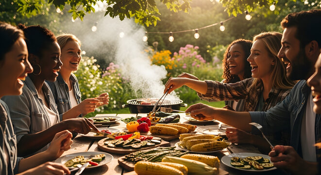 A large group of friends sitting at a wooden table outdoors laughing and eating grilled corn and peppers