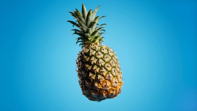 A whole pineapple with green leaves rotates seamlessly while levitating in the air against a vibrant blue studio backdrop. Perfect for tropical summer promotions, juice advertisements, and exotic frui