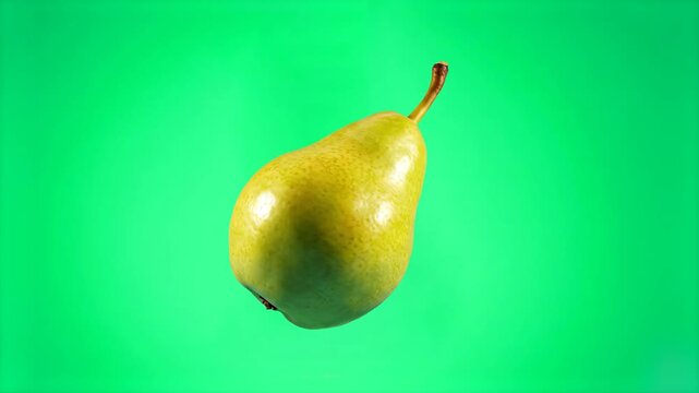 A single ripe green pear rotates slowly while levitating against a solid green chroma key background. This 3D animation is perfect for healthy food content, organic product promos, and fruit-themed mo