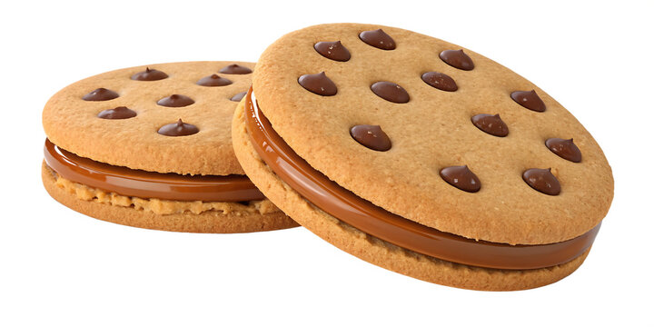 Two delicious chocolate chip cookies with a creamy filling on a black background