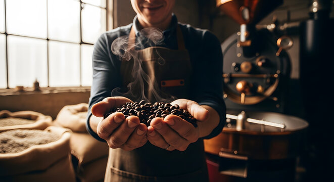 Close up of palms containing warm steaming aromatic coffee seeds in a roasting facility