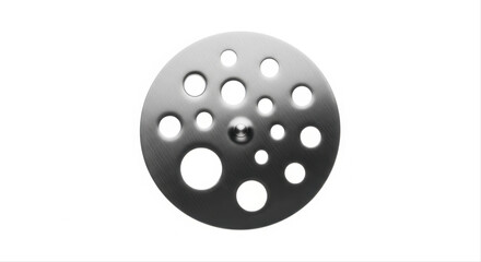 Obraz premium Metal measuring disk with various sized holes isolated on white background, showcasing precision engineering and industrial design