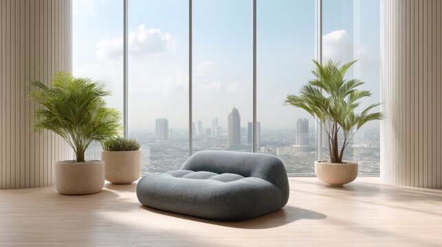 Modern minimalist living room with stylish sofa and large windows showcasing urban skyline and green plants
