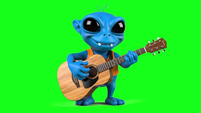 A stylized blue alien with large black eyes plays an acoustic guitar while standing against a solid green screen. Ideal for integration into various digital projects, music videos, or humorous social 