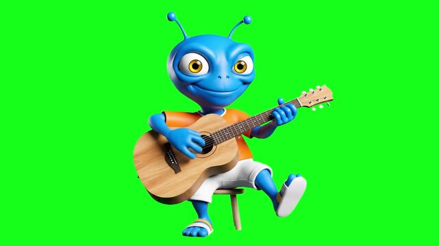 A friendly 3D animated blue alien character sits and plays an acoustic guitar against a chroma key green background. This high-quality render is perfect for music-themed content, children's videos, or