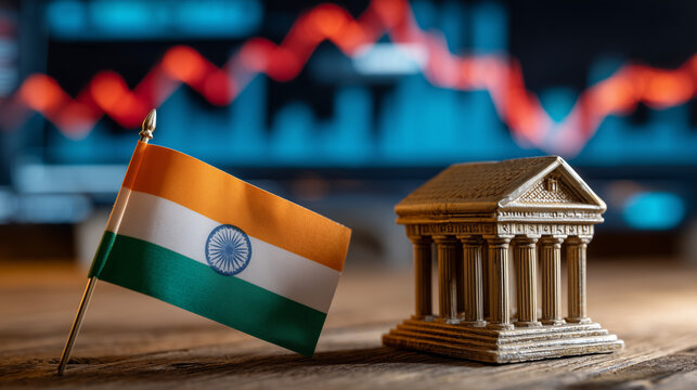 Indian Flag and Miniature Bank: A miniature bank model stands alongside the Indian flag, symbolizing financial institutions within India, set against the backdrop of a downward trend graph.