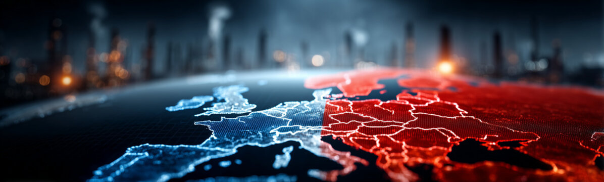 Global Divide: A stark visualization of conflict or disparity. The image presents a split view of a geographical area, possibly a continent or region, rendered in opposing colors.
