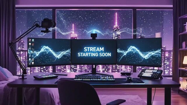 Stream starting soon screen 3 monitor, overlay loop, animated virtual backgrounds, anime style gaming room view. vtuber asset twitch zoom OBS. 4K Video