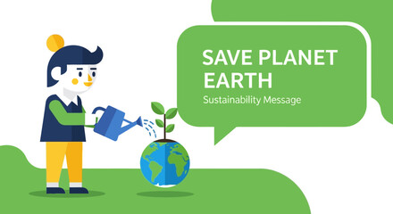 Fototapeta premium Flat Vector Illustration of a Person Caring for Planet Earth by Watering the Globe
