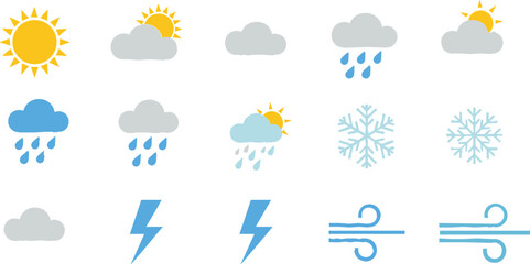 Set of Weather Icons Including Sun, Cloud, Rain, Snow, Lightning, and Wind for Climate and Forecast Design