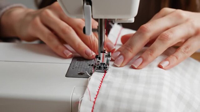 Close-up of hands operating a sewing machine to stitch fabric