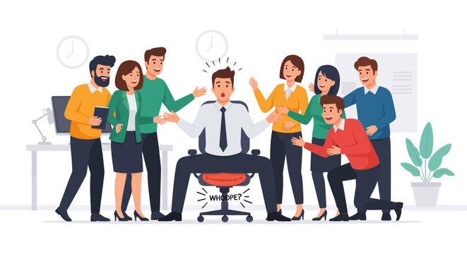 April Fools Day practical joke in the office with coworkers laughing at a man sitting on a whoopee cushion