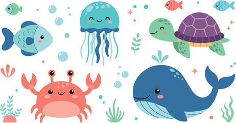 Cute ocean animals cartoon collection with whale, turtle, crab, jellyfish and fish, adorable underwater marine life illustration set for kids design © Yevhenii creative