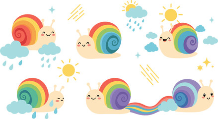 Cute rainbow snail cartoon characters with clouds, sun and rain, adorable kawaii weather themed illustration set for kids design © Yevhenii creative