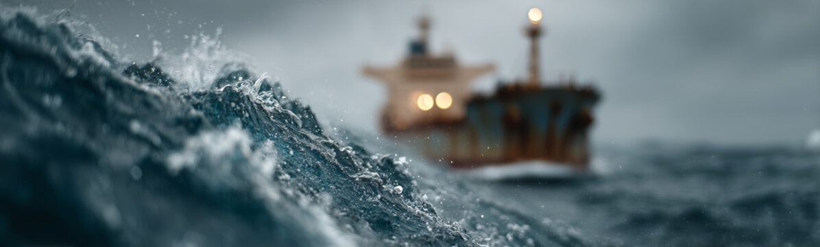 Navigating the Tempest: A colossal cargo vessel battles turbulent waters, its journey fraught with the raw power of the ocean. The image embodies resilience, courage.