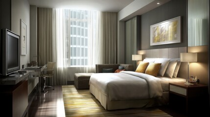Fototapeta premium Modern hotel room interior featuring a king-size bed, stylish furnishings, and large windows for natural light