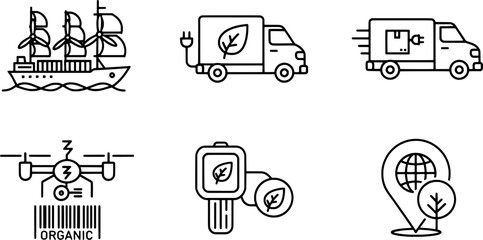 Fototapeta premium Clean outline eco-friendly shipping and supply chain symbols collection, 