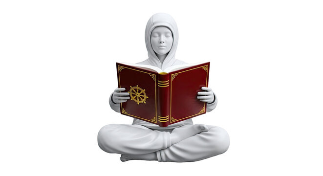 Figure in Hooded Robes Meditating with Dharmachakra Book