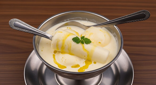 Rich Indian dessert called Ras Malai, featuring spongy cheese dumplings soaked in sweet saffron milk, sits in a metal.
