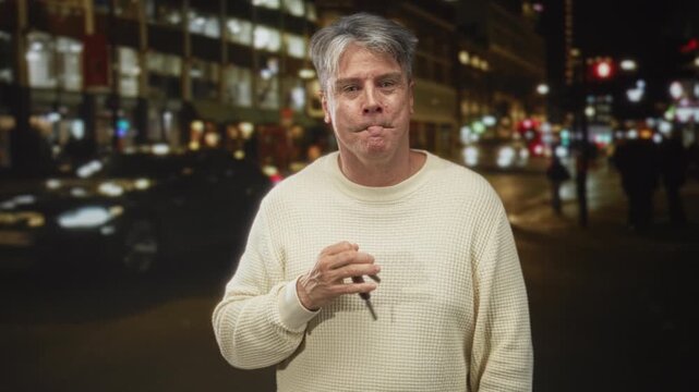 Man holding car keys in hand with pursed lips and slight shrug on a city street at night; late night confusion.