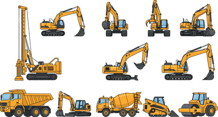 Heavy construction excavator machinery set vector illustration featuring drilling rig dump truck cement mixer road roller skid steer and crawler excavators isolated for industrial engineering © SreeShontusChandra