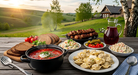 Abundant traditional Eastern European meal featuring borscht, dumplings, and grilled meat set outdoors at sunset.