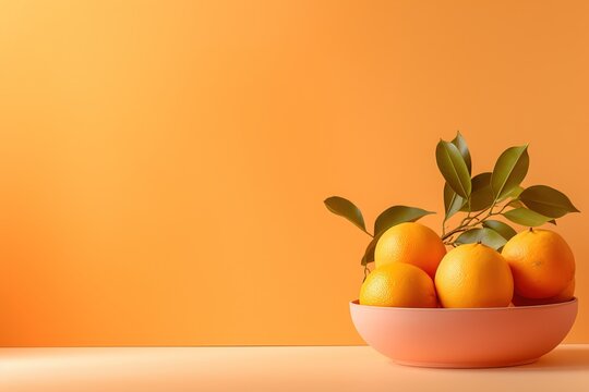 A clay bowl with fresh oranges with leaves stands on a table on a pink-orange background. Minimalistic design, space for text.