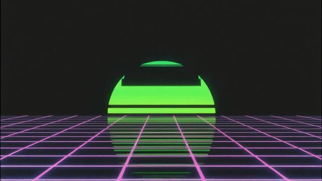 Flying over a 80s retrowave style purple neon grid neon green object. Retro futuristic animation element.