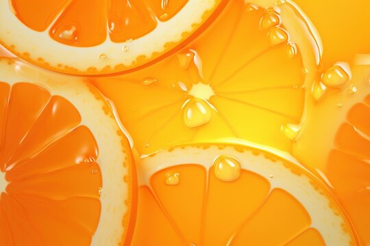 Slices of fresh oranges close-up, splashes and drops of water or juice. Bright vitamin background.