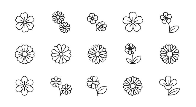 A collection of various flower icons designed with clean black lines on a solid white background