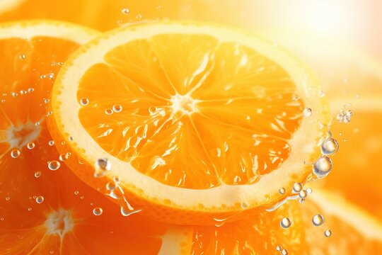 Slices of fresh oranges close-up, splashes and drops of water or juice. Bright vitamin background.