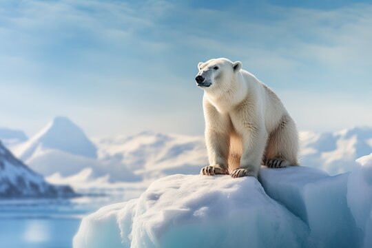 A white polar bear sits on an ice floe in the middle of the Arctic Ocean, surrounded by icebergs.